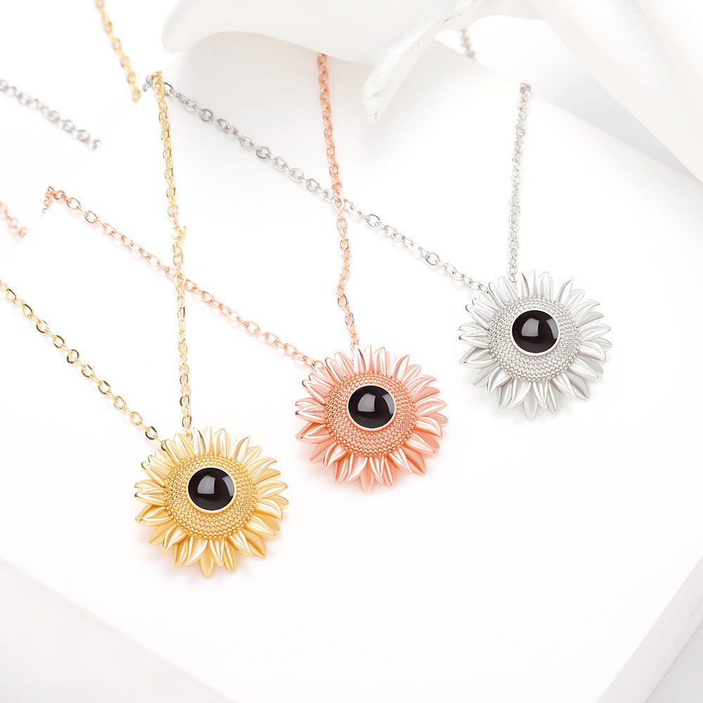 Custom Hidden Photo Projection Bloom Sunflower Necklace - Hidden Forever