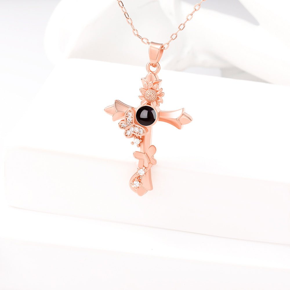 Custom Hidden Photo Projection Butterfly Cross Necklace - Hidden Forever
