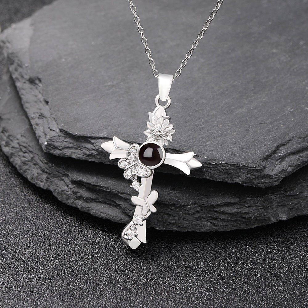 Custom Hidden Photo Projection Butterfly Cross Necklace - Hidden Forever