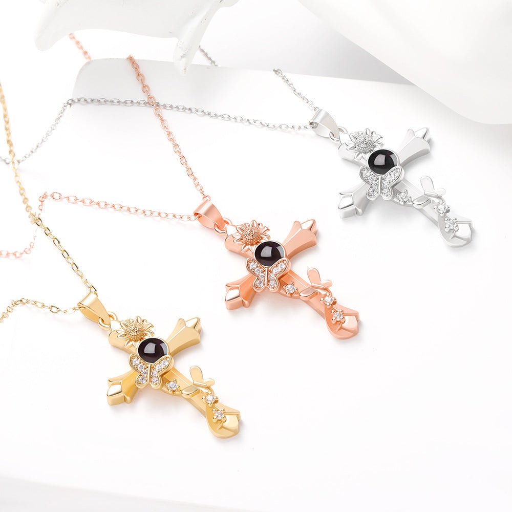 Custom Hidden Photo Projection Butterfly Cross Necklace - Hidden Forever