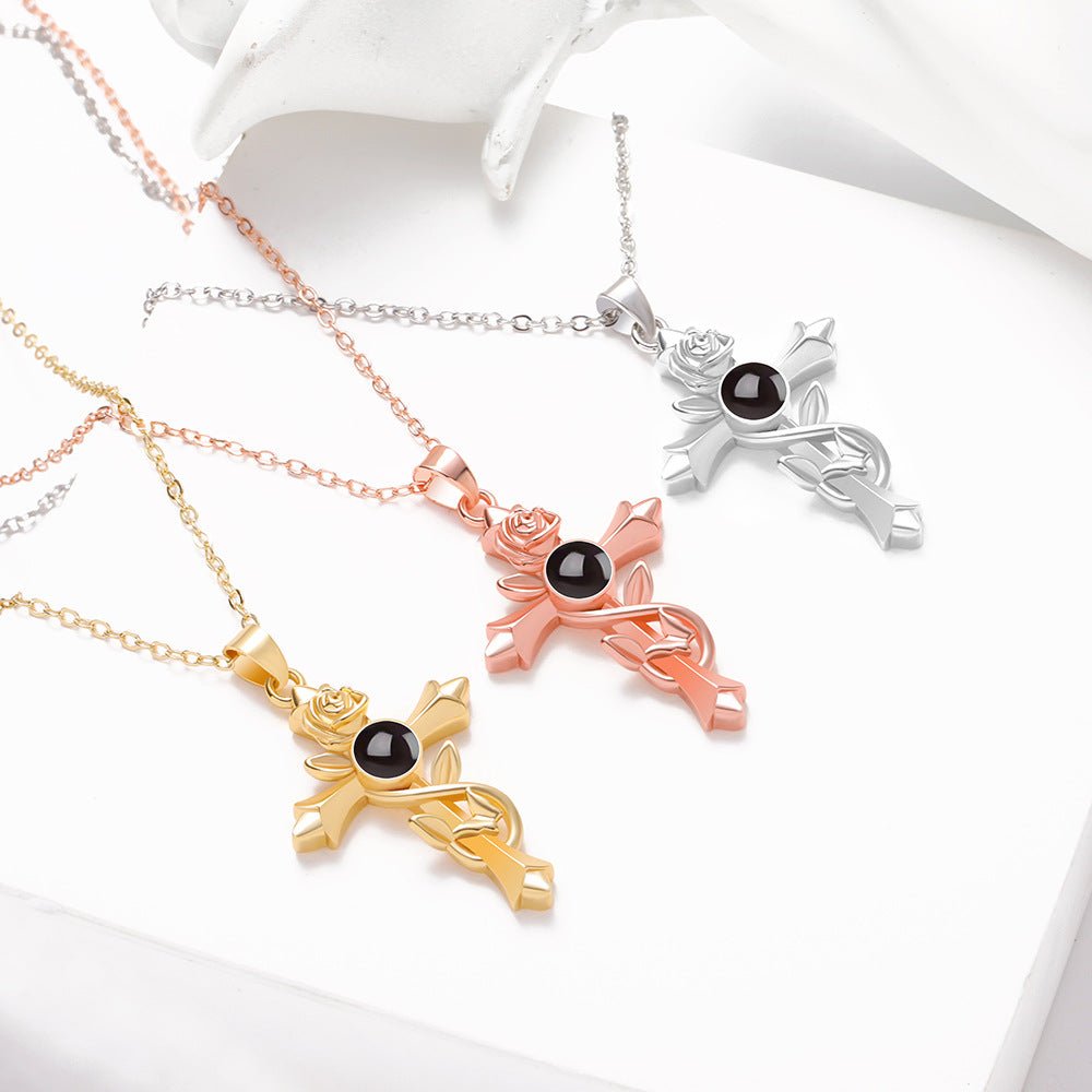Custom Hidden Photo Projection Vintage Rose Cross Necklace - Hidden Forever