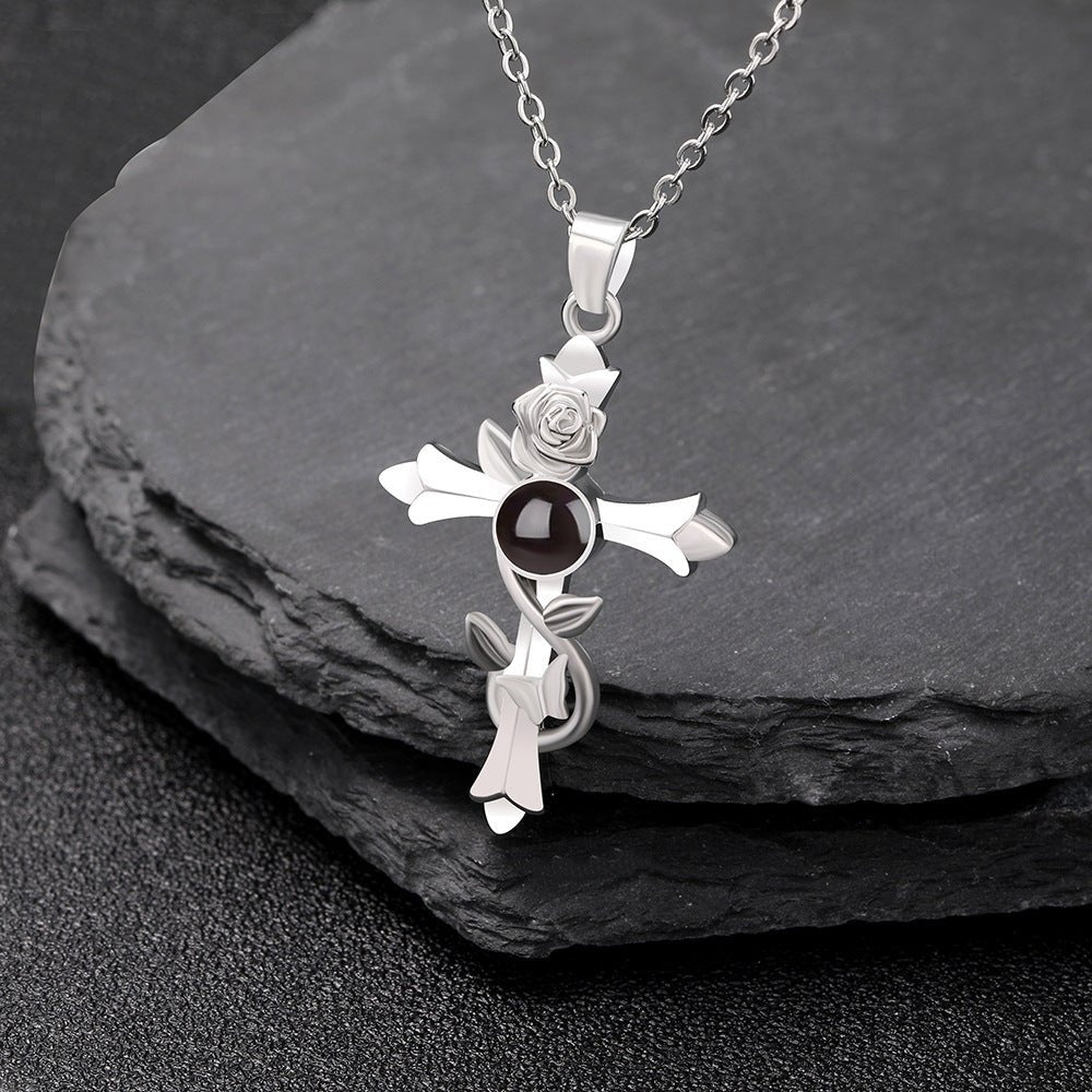Custom Hidden Photo Projection Vintage Rose Cross Necklace - Hidden Forever