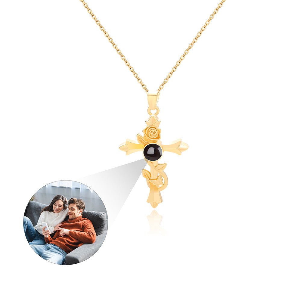 Custom Hidden Photo Projection Vintage Rose Cross Necklace - Hidden Forever