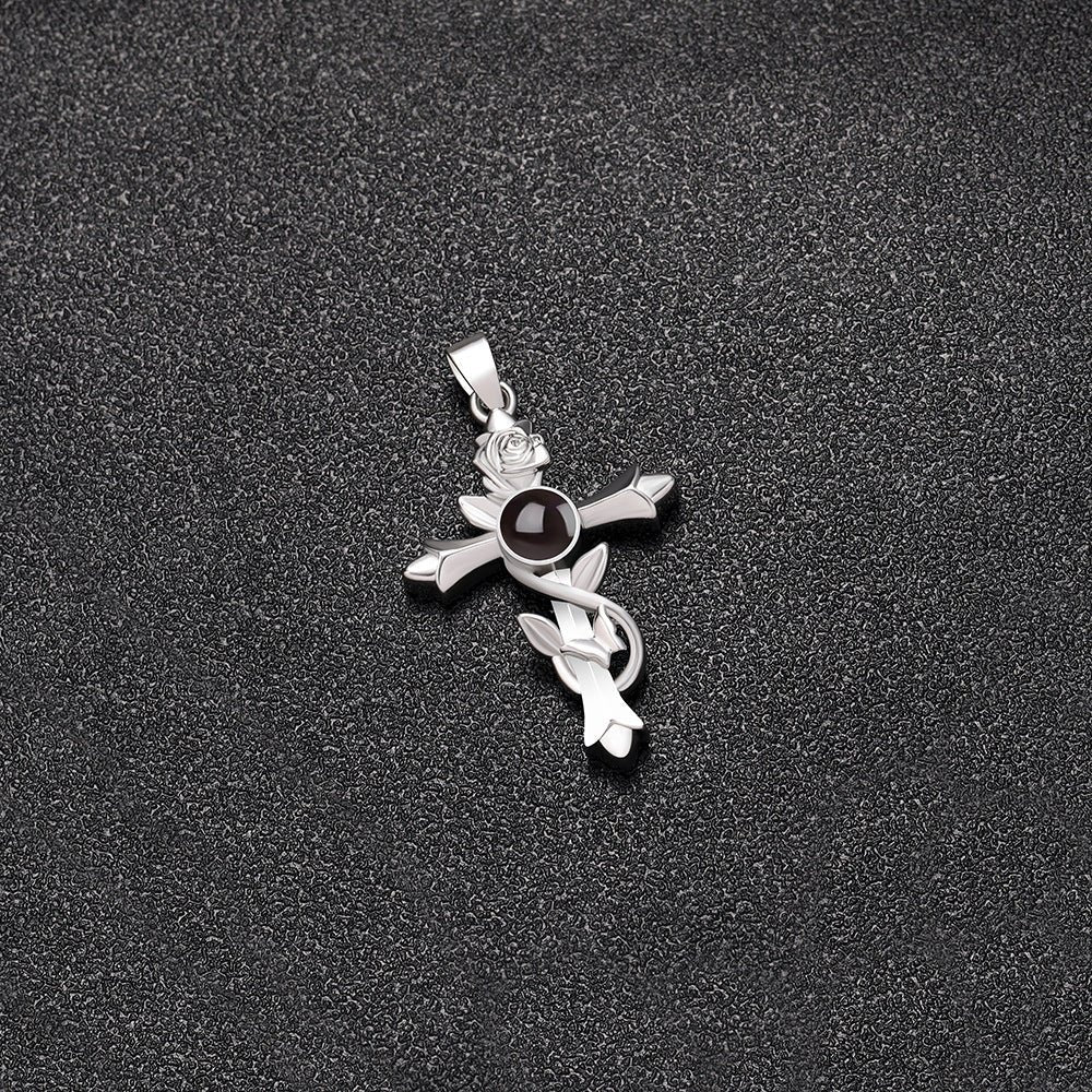 Custom Hidden Photo Projection Vintage Rose Cross Necklace - Hidden Forever