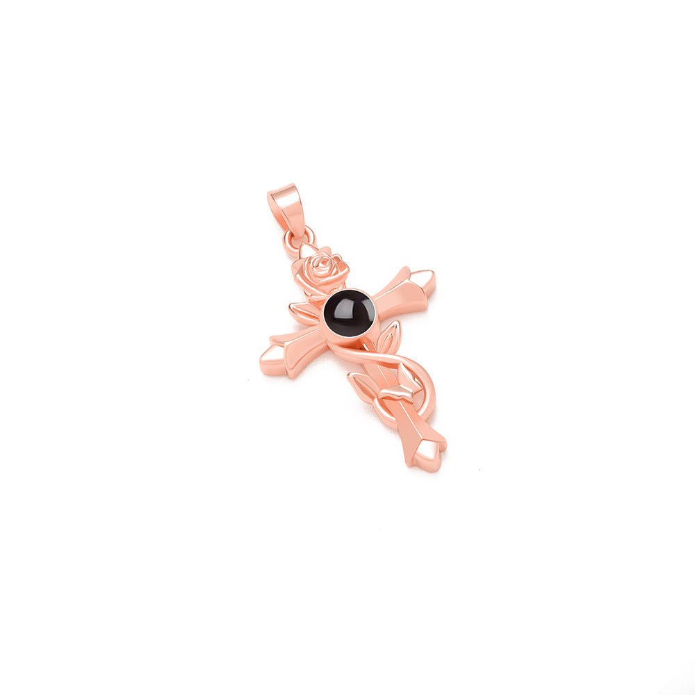 Custom Hidden Photo Projection Vintage Rose Cross Necklace - Hidden Forever