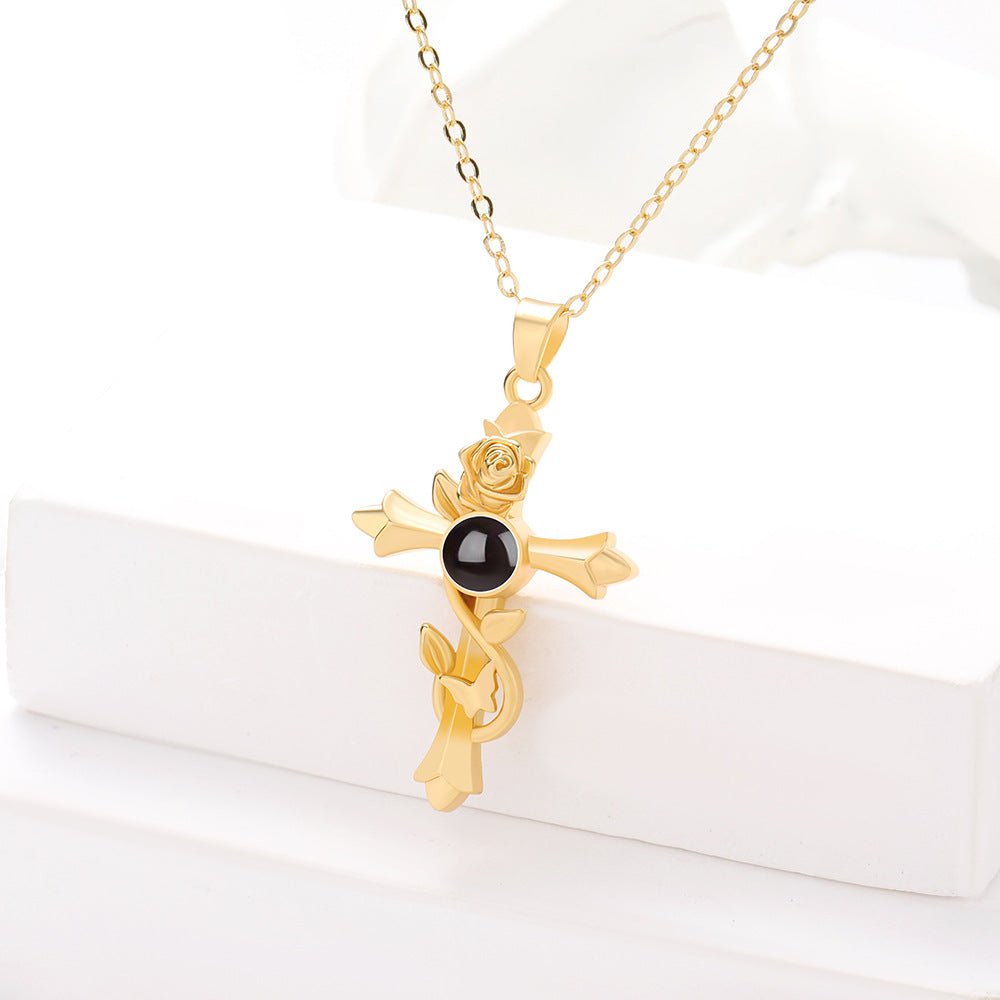 Custom Hidden Photo Projection Vintage Rose Cross Necklace - Hidden Forever