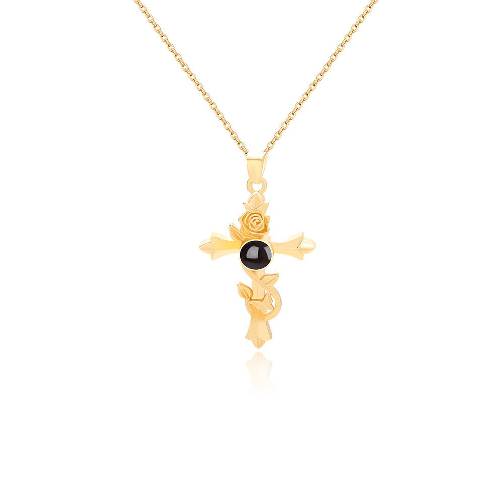 Custom Hidden Photo Projection Vintage Rose Cross Necklace - Hidden Forever