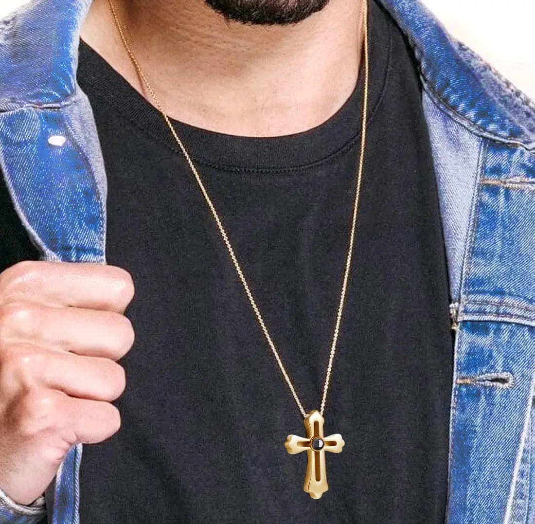 Custom Photo Projection Men Cross Necklace - Hidden Forever
