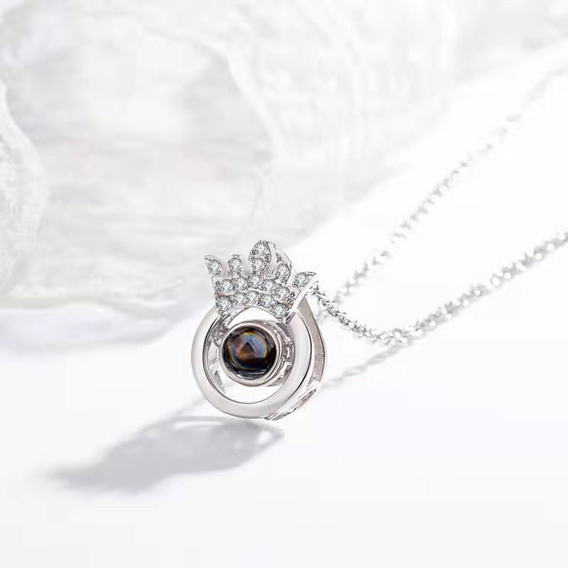 Custom Hidden Photo Projection Round Crown Diamond Necklace - Hidden Forever