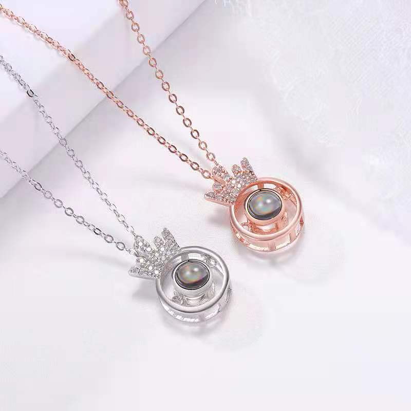 Custom Hidden Photo Projection Round Crown Diamond Necklace - Hidden Forever
