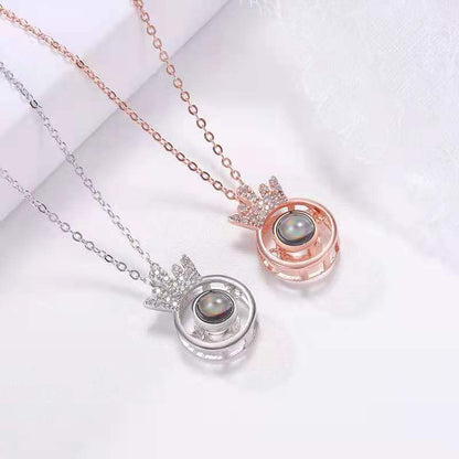 Custom Hidden Photo Projection Round Crown Diamond Necklace - Hidden Forever