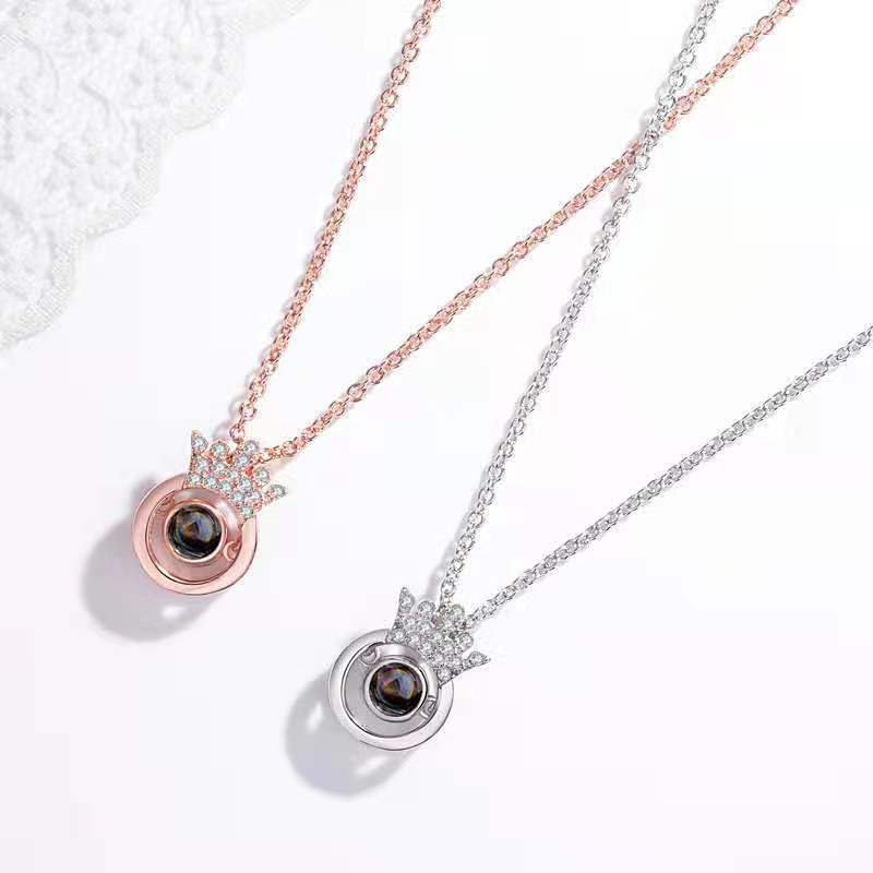 Custom Hidden Photo Projection Round Crown Diamond Necklace - Hidden Forever