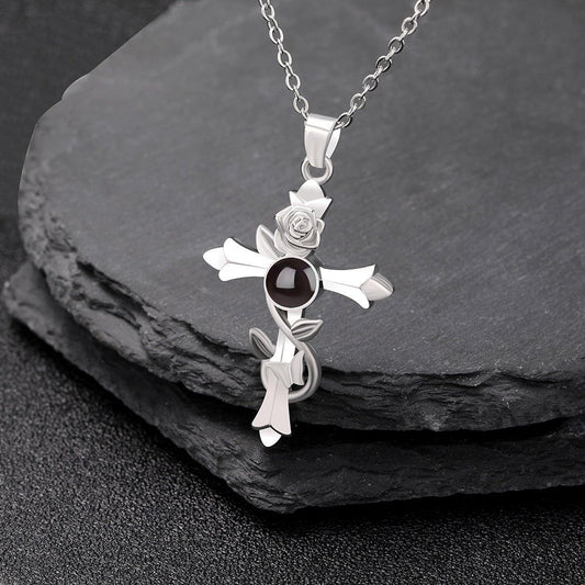 Custom Hidden Photo Projection Vintage Rose Cross Necklace - Hidden Forever