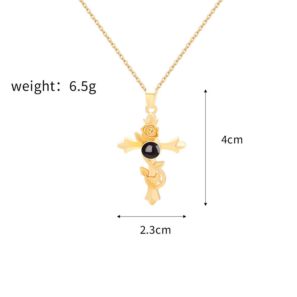 Custom Hidden Photo Projection Vintage Rose Cross Necklace - Hidden Forever