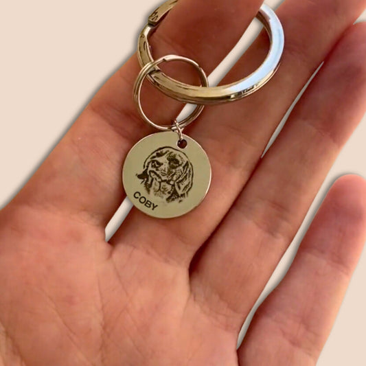 Custom Pet Portrait and Name Disc Keychain - Hidden Forever